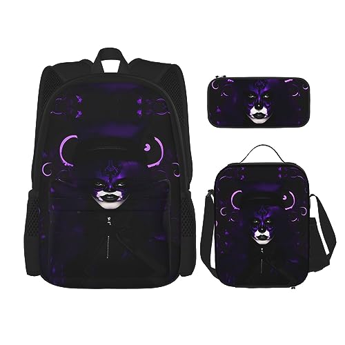 OdDdot Schultaschen-Sets Rucksäcke für Mädchen Schultaschen für Schüler Arbeit Mittagessen Tasche Federmäppchen Unisex Lila Blumen, Lila Schwarz Goth Gruselig, Einheitsgröße von OdDdot