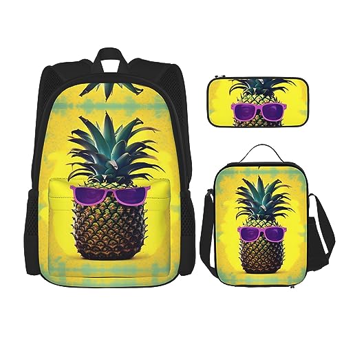 OdDdot Schultaschen-Sets Rucksäcke für Mädchen Schultaschen für Schüler Arbeit Mittagessen Tasche Federmäppchen Unisex Lila Blumen, Psych Ananas Zitat, Einheitsgröße von OdDdot