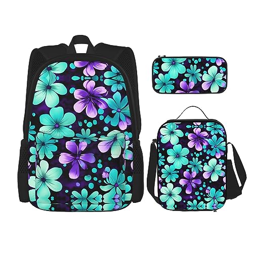 OdDdot Schultaschen-Sets Rucksäcke für Mädchen Schultaschen für Schüler Arbeit Mittagessen Tasche Federmäppchen Unisex Lila Blumen, Violette und blaugrüne Blumen, Einheitsgröße von OdDdot