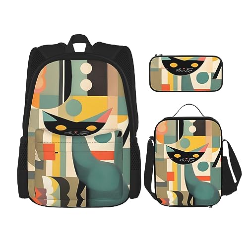 OdDdot Schultaschen-Sets Rucksäcke für Mädchen Schultaschen für Schüler Arbeit Mittagessen Tasche Federmäppchen Unisex Mondlicht Leuchtturm, Mid-Century Modern Art Katze, Einheitsgröße von OdDdot