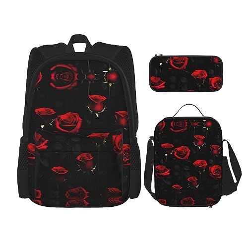 OdDdot Schultaschen-Sets Rucksäcke für Mädchen Schultaschen für Schüler Arbeit Mittagessen Tasche Federmäppchen Unisex Mondlicht Leuchtturm, Viele rote Rose schwarzer Hintergrund, Einheitsgröße von OdDdot