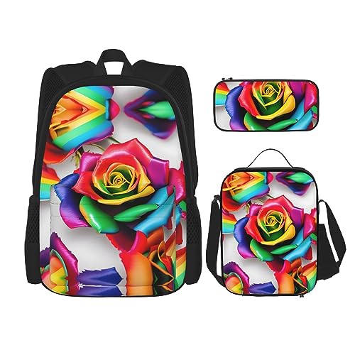 OdDdot Schultaschen-Sets Rucksäcke für Mädchen Schultaschen für Schüler Arbeit Mittagessen Tasche Federmäppchen Unisex Muschel Seestern, Regenbogen-Rosen, Einheitsgröße von OdDdot