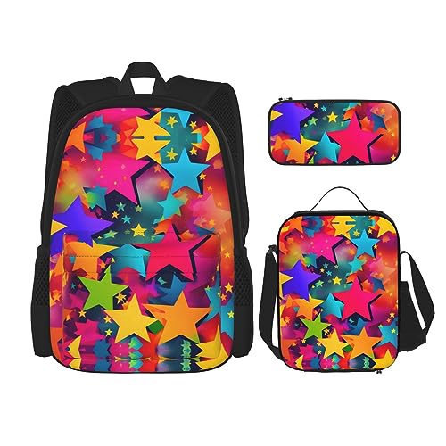 OdDdot Schultaschen-Sets Rucksäcke für Mädchen Schultaschen für Schüler Arbeit Mittagessen Tasche Federmäppchen Unisex Muschel Seestern, Regenbogen-Sterne, Einheitsgröße von OdDdot