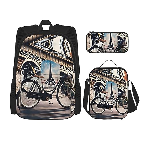 OdDdot Schultaschen-Sets Rucksäcke für Mädchen Schultaschen für Schüler Arbeit Mittagessen Tasche Federmäppchen Unisex Muschel Seestern, Romantisches Paris Eiffelturm Fahrrad, Einheitsgröße von OdDdot