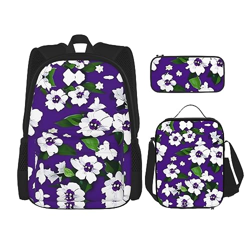 OdDdot Schultaschen-Sets Rucksäcke für Mädchen Schultaschen für Schüler Arbeit Mittagessen Tasche Federmäppchen Unisex Muschel Seestern, Violett/Weiß mit Blumenmuster, Einheitsgröße von OdDdot