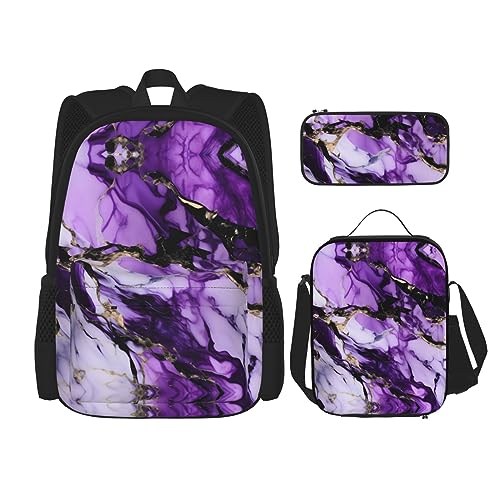 OdDdot Schultaschen-Sets Rucksäcke für Mädchen Schultaschen für Schüler Arbeit Mittagessen Tasche Federmäppchen Unisex Muschel Seestern, Violetter Marmor, Einheitsgröße von OdDdot