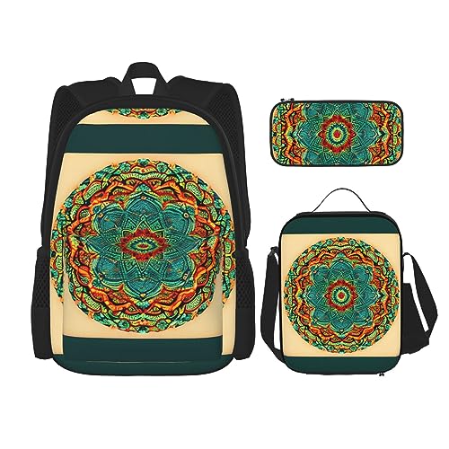 OdDdot Schultaschen-Sets Rucksäcke für Mädchen Schultaschen für Schüler Arbeit Mittagessen Tasche Federmäppchen Unisex Ozeanwellen, Mandala, Einheitsgröße von OdDdot