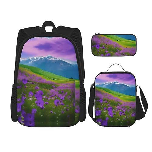 OdDdot Schultaschen-Sets Rucksäcke für Mädchen Schultaschen für Schüler Arbeit Mittagessen Tasche Federmäppchen Unisex Ozeanwellen, Natur, violette Blumen, Wiese, Berge, Landschaft, Einheitsgröße von OdDdot