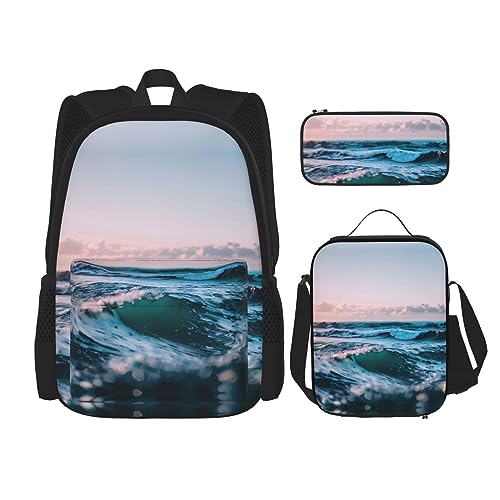 OdDdot Schultaschen-Sets Rucksäcke für Mädchen Schultaschen für Schüler Arbeit Mittagessen Tasche Federmäppchen Unisex Ozeanwellen, Ocean Waves, Einheitsgröße von OdDdot