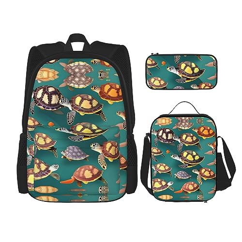 OdDdot Schultaschen-Sets Rucksäcke für Mädchen Schultaschen für Schüler Arbeit Mittagessen Tasche Federmäppchen Unisex Ozeanwellen, Viele Tiere Meeresschildkröten, Einheitsgröße von OdDdot