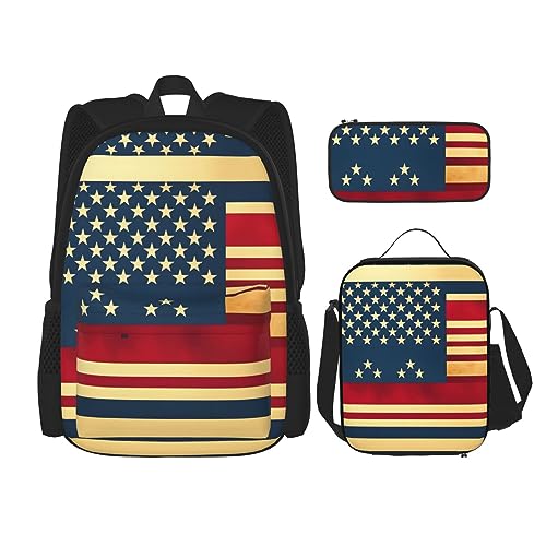 OdDdot Schultaschen-Sets Rucksäcke für Mädchen Schultaschen für Schüler Arbeit Mittagessen Tasche Federmäppchen Unisex Schwarz und Weiß Pferde Laufen, Amerikanische Flagge, Einheitsgröße von OdDdot