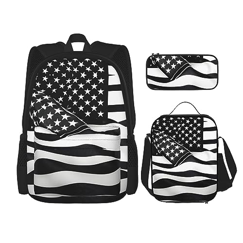 OdDdot Schultaschen-Sets Rucksäcke für Mädchen Schultaschen für Schüler Arbeit Mittagessen Tasche Federmäppchen Unisex Schwarz und Weiß Pferde Laufen, Schwarze und weiße amerikanische Flagge, von OdDdot