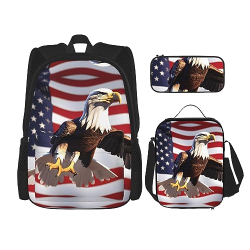 OdDdot Schultaschen-Sets Rucksäcke für Mädchen Schultaschen für Schüler Arbeit Mittagessen Tasche Federmäppchen Unisex Schwarz und Weiß Pferde Laufen, Weißkopfseeadler mit amerikanischer Flagge, von OdDdot