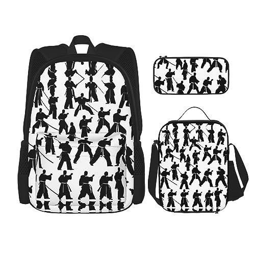 OdDdot Schultaschen-Sets Rucksäcke für Mädchen Schultaschen für Schüler Arbeit Mittagessen Tasche Federmäppchen Unisex Sugar Skull, Silhouetten of Martial Arts, Einheitsgröße von OdDdot