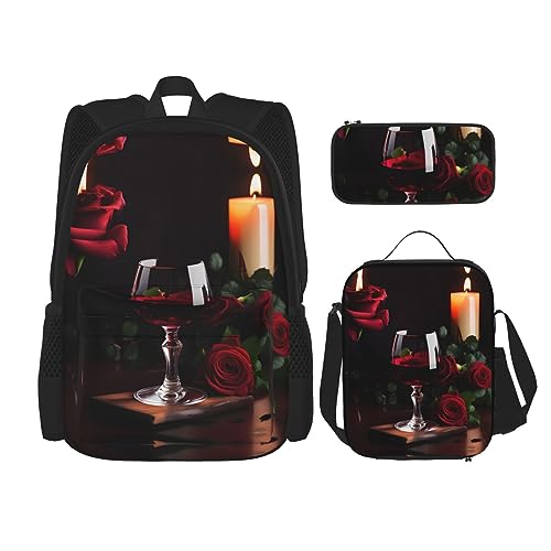 OdDdot Schultaschen-Sets Rucksäcke für Mädchen Schultaschen für Schüler Arbeit Mittagessen Tasche Federmäppchen Unisex Weiß Marmor Roségold Muster, Rotwein-Rose und Kerze, Einheitsgröße von OdDdot
