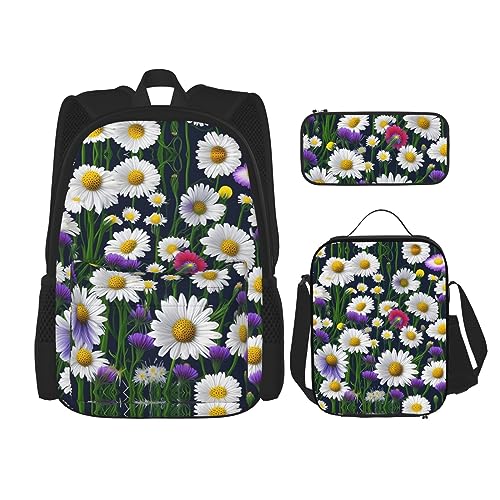 OdDdot Schultaschen-Sets Rucksäcke für Mädchen Schultaschen für Studenten Arbeit Mittagessen Tasche Federmäppchen Unisex Flugzeug in den Abendlichtern, Wildblumen und Kornblumen, Gänseblümchen, von OdDdot