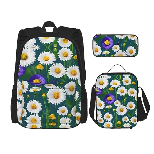 OdDdot Schultaschen-Sets Rucksäcke für Mädchen Schultaschen für Studenten Arbeit Mittagessen Tasche Federmäppchen Unisex Flugzeug in den Abendlichtern, Wilde Blumen und Gänseblümchen, Einheitsgröße von OdDdot