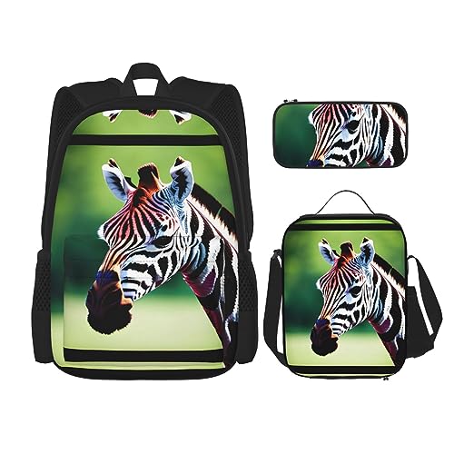OdDdot Schultaschen-Sets Rucksäcke für Mädchen Schultaschen für Studenten Arbeit Mittagessen Tasche Federmäppchen Unisex Flugzeug in den Abendlichtern, Zebra und Giraffe, Einheitsgröße von OdDdot