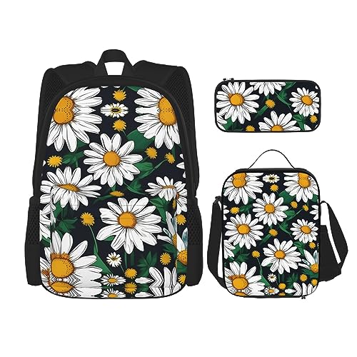 OdDdot Schultaschen-Sets Rucksäcke für Mädchen Schultaschen für Studenten Arbeit Mittagessen Tasche Federmäppchen Unisex Golfplatz, Blumenblüten und Gänseblümchen, Einheitsgröße von OdDdot