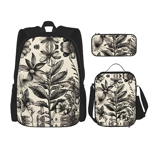 OdDdot Schultaschen-Sets Rucksäcke für Mädchen Schultaschen für Studenten Arbeit Mittagessen Tasche Federmäppchen Unisex Golfplatz, Blumige Kräuter Botanisches Muster, Einheitsgröße von OdDdot