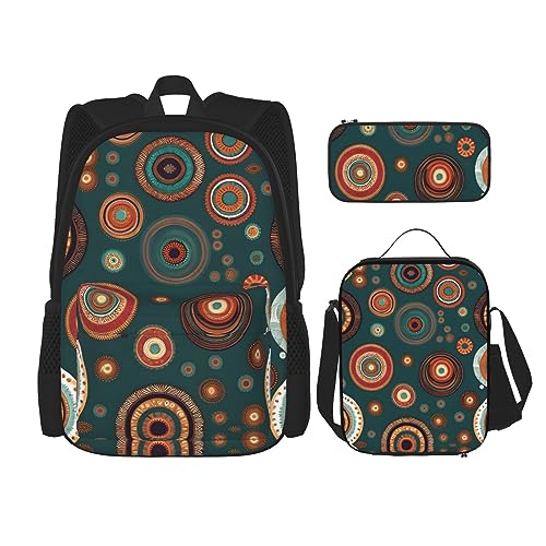 OdDdot Schultaschen-Sets Rucksäcke für Mädchen Schultaschen für Studenten Arbeit Mittagessen Tasche Federmäppchen Unisex Golfplatz, Ethnische Kreise Blumenmuster, Einheitsgröße von OdDdot