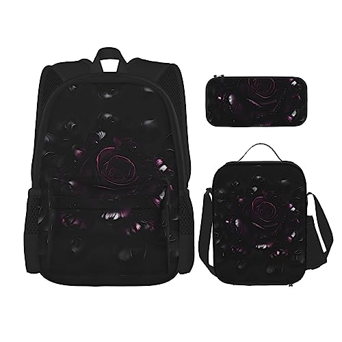 OdDdot Schultaschen-Sets Rucksäcke für Mädchen Schultaschen für Studenten Arbeit Mittagessen Tasche Federmäppchen Unisex Halloween Fliegende Fledermäuse, Gotischer Rosenaufdruck, Einheitsgröße von OdDdot