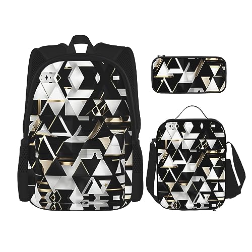 OdDdot Schultaschen-Sets Rucksäcke für Mädchen Schultaschen für Studenten Arbeit Mittagessen Tasche Federmäppchen Unisex Halloween Fliegende Fledermäuse, Mode Modern Schwarz Weiß Gold Dreieck, von OdDdot