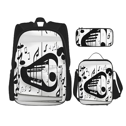 OdDdot Schultaschen-Sets Rucksäcke für Mädchen Schultaschen für Studenten Arbeit Mittagessen Tasche Federmäppchen Unisex Halloween Fliegende Fledermäuse, Schwarz-Weiß-Musiknote, Einheitsgröße von OdDdot