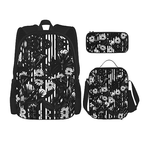 OdDdot Schultaschen-Sets Rucksäcke für Mädchen Schultaschen für Studenten Arbeit Mittagessen Tasche Federmäppchen Unisex Halloween Fliegende Fledermäuse, Schwarz-weiß gestreifte Blumen, Einheitsgröße von OdDdot