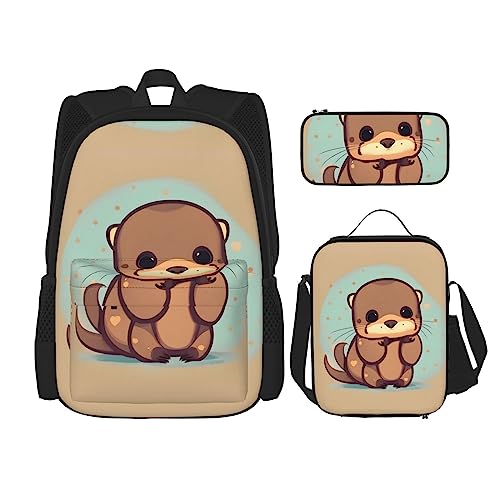 OdDdot Schultaschen-Sets Rucksäcke für Mädchen Schultaschen für Studenten Arbeit Mittagessen Tasche Federmäppchen Unisex Hund Pfotenabdrücke, Niedlicher Otter, Einheitsgröße von OdDdot