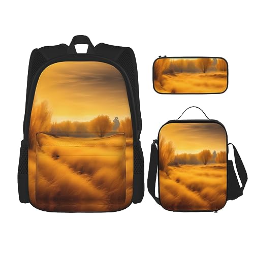 OdDdot Schultaschen-Sets Rucksäcke für Mädchen Schultaschen für Studenten Arbeit Mittagessen Tasche Federmäppchen Unisex I Love Garbage Trucks, Herbst Goldene Gras Landschaften, Einheitsgröße von OdDdot