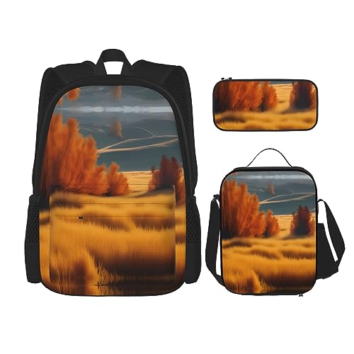 OdDdot Schultaschen-Sets Rucksäcke für Mädchen Schultaschen für Studenten Arbeit Mittagessen Tasche Federmäppchen Unisex I Love Garbage Trucks, Herbstlandschaft mit goldenem Gras, Einheitsgröße von OdDdot