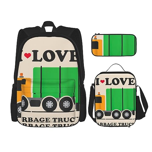 OdDdot Schultaschen-Sets Rucksäcke für Mädchen Schultaschen für Studenten Arbeit Mittagessen Tasche Federmäppchen Unisex I Love Garbage Trucks, I Love Garbage Trucks, Einheitsgröße von OdDdot