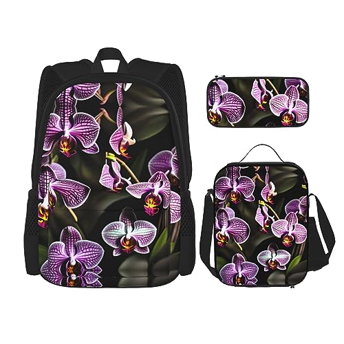 OdDdot Schultaschen-Sets Rucksäcke für Mädchen Schultaschen für Studenten Arbeit Mittagessen Tasche Federmäppchen Unisex Kleine kanadische Flaggen, Lila Orchideen-Aufdruck, Einheitsgröße von OdDdot