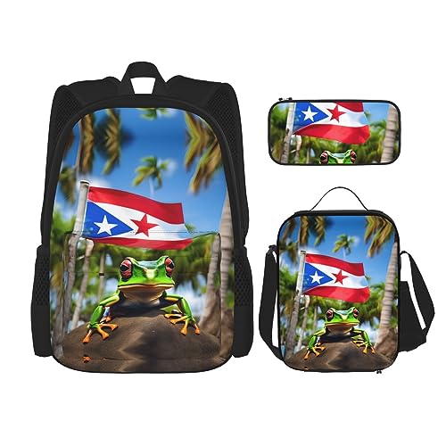 OdDdot Schultaschen-Sets Rucksäcke für Mädchen Schultaschen für Studenten Arbeit Mittagessen Tasche Federmäppchen Unisex Kleine kanadische Flaggen, Puerto Rico Flaggen Frosch Palmen, Einheitsgröße von OdDdot