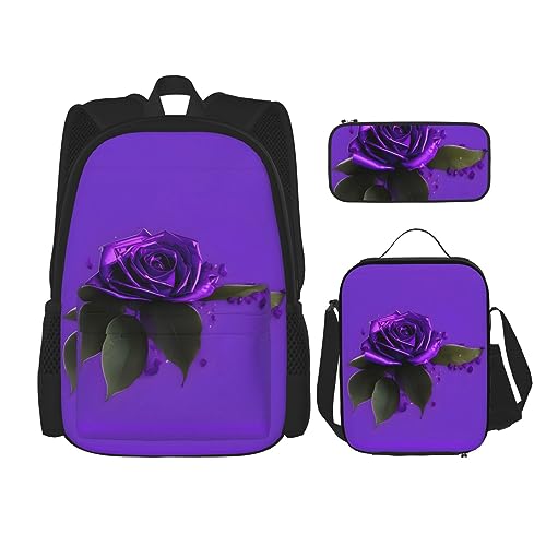 OdDdot Schultaschen-Sets Rucksäcke für Mädchen Schultaschen für Studenten Arbeit Mittagessen Tasche Federmäppchen Unisex Kleine kanadische Flaggen, Violetter Rosenaufdruck, Einheitsgröße von OdDdot