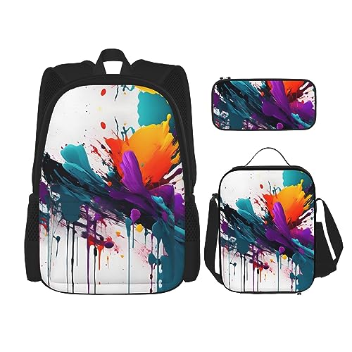 OdDdot Schultaschen-Sets Rucksäcke für Mädchen Schultaschen für Studenten Arbeit Mittagessen Tasche Federmäppchen Unisex Lila Lavendel Blumen Blumen, Farbspritzer, Einheitsgröße von OdDdot