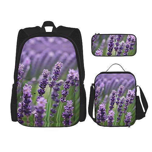 OdDdot Schultaschen-Sets Rucksäcke für Mädchen Schultaschen für Studenten Arbeit Mittagessen Tasche Federmäppchen Unisex Lila Lavendel Blumen Blumen, Lila Lavendel Blumen Blumen, Einheitsgröße von OdDdot