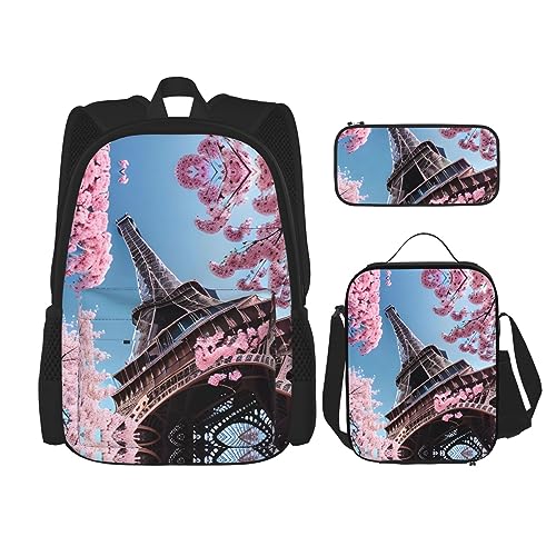 OdDdot Schultaschen-Sets Rucksäcke für Mädchen Schultaschen für Studenten Arbeit Mittagessen Tasche Federmäppchen Unisex Lila Lavendel Blumen Blumen, Ölgemälde Paris Eiffelturm, Einheitsgröße von OdDdot