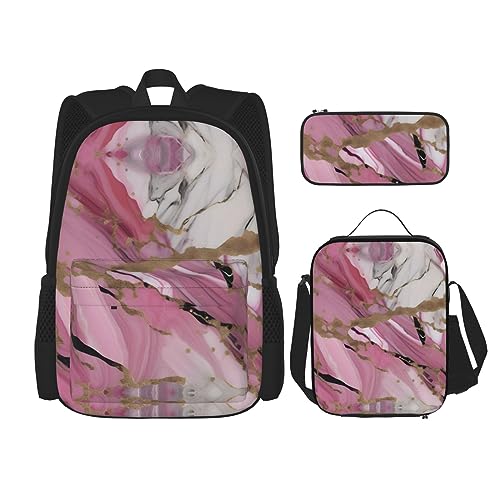 OdDdot Schultaschen-Sets Rucksäcke für Mädchen Schultaschen für Studenten Arbeit Mittagessen Tasche Federmäppchen Unisex Lila Lavendel Blumen Blumen, Pink-weißes Marmormuster., Einheitsgröße von OdDdot
