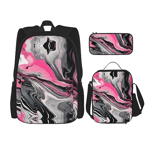 OdDdot Schultaschen-Sets Rucksäcke für Mädchen Schultaschen für Studenten Arbeit Mittagessen Tasche Federmäppchen Unisex Lila Lavendel Blumen Blumen, Rosa Abstrakt Marmor Grau Künstlerisch, von OdDdot