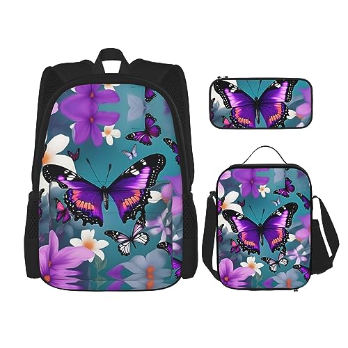 OdDdot Schultaschen-Sets Rucksäcke für Mädchen Schultaschen für Studenten Arbeit Mittagessen Tasche Federmäppchen Unisex Lila Lavendel Blumen Blumen, Violetter Schmetterling und Blumen, Einheitsgröße von OdDdot