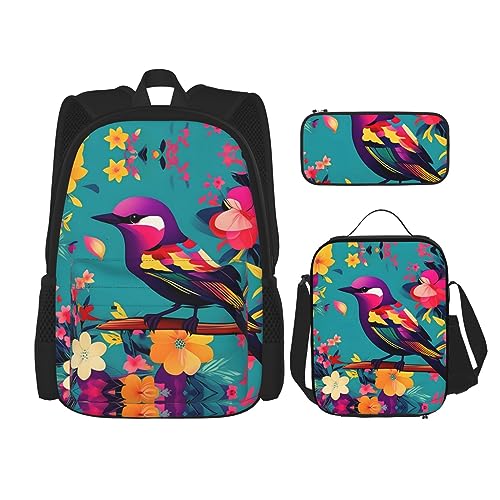 OdDdot Schultaschen-Sets Rucksäcke für Mädchen Schultaschen für Studenten Arbeit Mittagessen Tasche Federmäppchen Unisex Niedliche Dackel Hunde, Bunte Blumen Vogel, Einheitsgröße von OdDdot