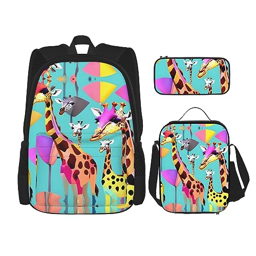 OdDdot Schultaschen-Sets Rucksäcke für Mädchen Schultaschen für Studenten Arbeit Mittagessen Tasche Federmäppchen Unisex Niedliche Dackel Hunde, Bunte Giraffen-Fans Liebhaber, Einheitsgröße von OdDdot