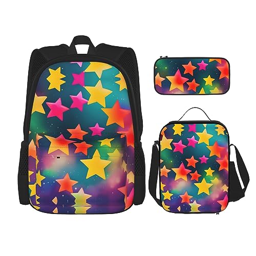 OdDdot Schultaschen-Sets Rucksäcke für Mädchen Schultaschen für Studenten Arbeit Mittagessen Tasche Federmäppchen Unisex Niedliche Dackel Hunde, Bunte Regenbogen-Sterne, Einheitsgröße von OdDdot