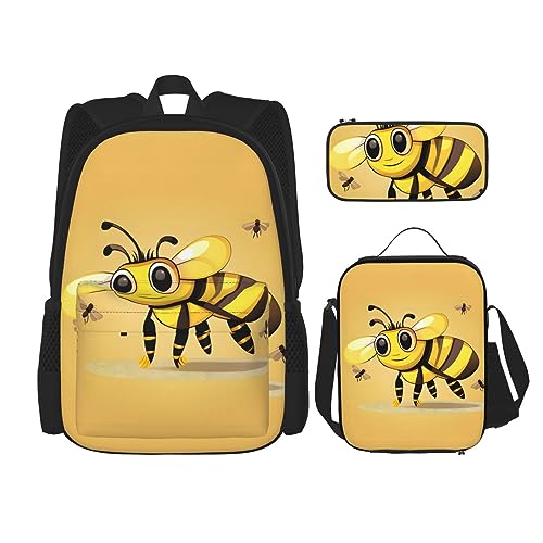 OdDdot Schultaschen-Sets Rucksäcke für Mädchen Schultaschen für Studenten Arbeit Mittagessen Tasche Federmäppchen Unisex Niedliche Dackel Hunde, Niedliche Cartoon-Biene, Einheitsgröße von OdDdot