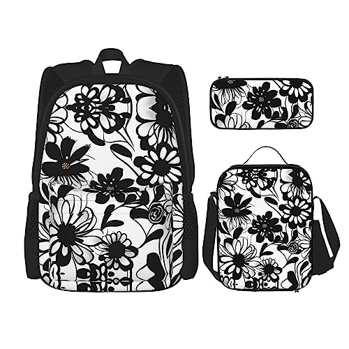 OdDdot Schultaschen-Sets Rucksäcke für Mädchen Schultaschen für Studenten Arbeit Mittagessen Tasche Federmäppchen Unisex Niedlicher Affe, Schwarz-weiße Blumen, Einheitsgröße von OdDdot