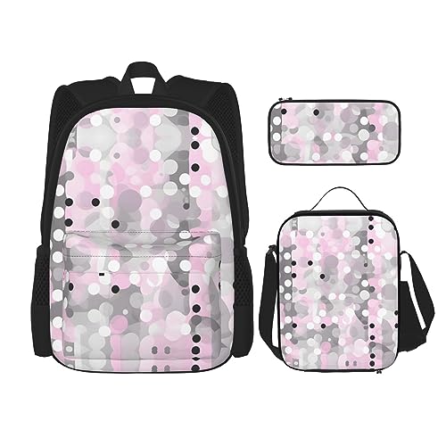 OdDdot Schultaschen-Sets Rucksäcke für Mädchen Schultaschen für Studenten Arbeit Mittagessen Tasche Federmäppchen Unisex Pomeranians Muster, Modernes Punktemuster in Rosa, Grau, Weiß, Einheitsgröße von OdDdot