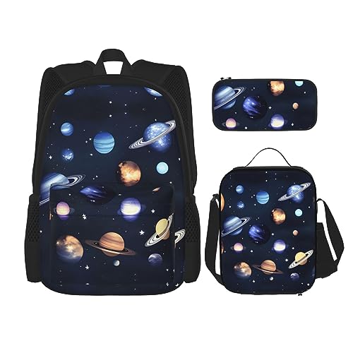 OdDdot Schultaschen-Sets Rucksäcke für Mädchen Schultaschen für Studenten Arbeit Mittagessen Tasche Federmäppchen Unisex Pomeranians Muster, Planeten, Sterne und Milchstraßen-Galaxie, Einheitsgröße von OdDdot