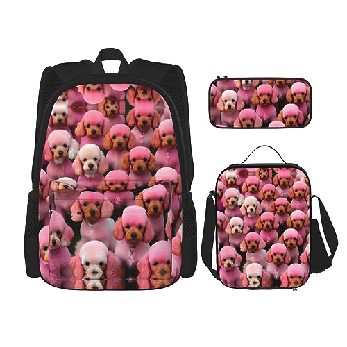 OdDdot Schultaschen-Sets Rucksäcke für Mädchen Schultaschen für Studenten Arbeit Mittagessen Tasche Federmäppchen Unisex Pomeranians Muster, Rosa Pudel Hunde, Einheitsgröße von OdDdot